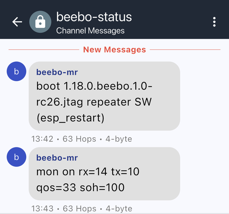 The beebo-status channel after a restart: the boot line, then the first monitor line a minute later