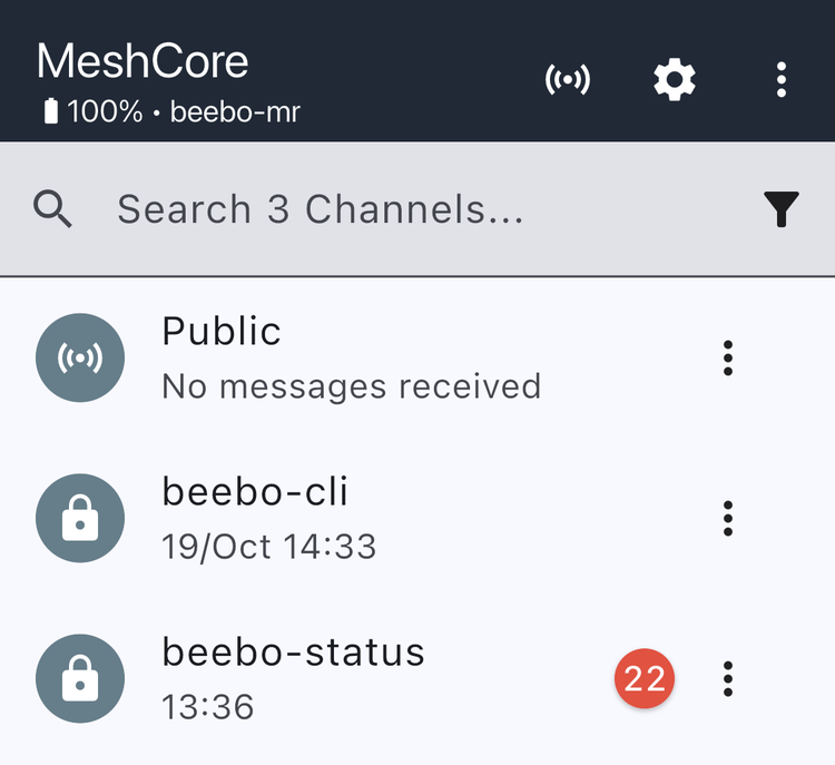 The app's channel list with the beebo-cli and beebo-status channels