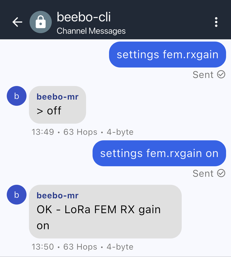 The CLI screen answering settings fem.rxgain and settings fem.rxgain on